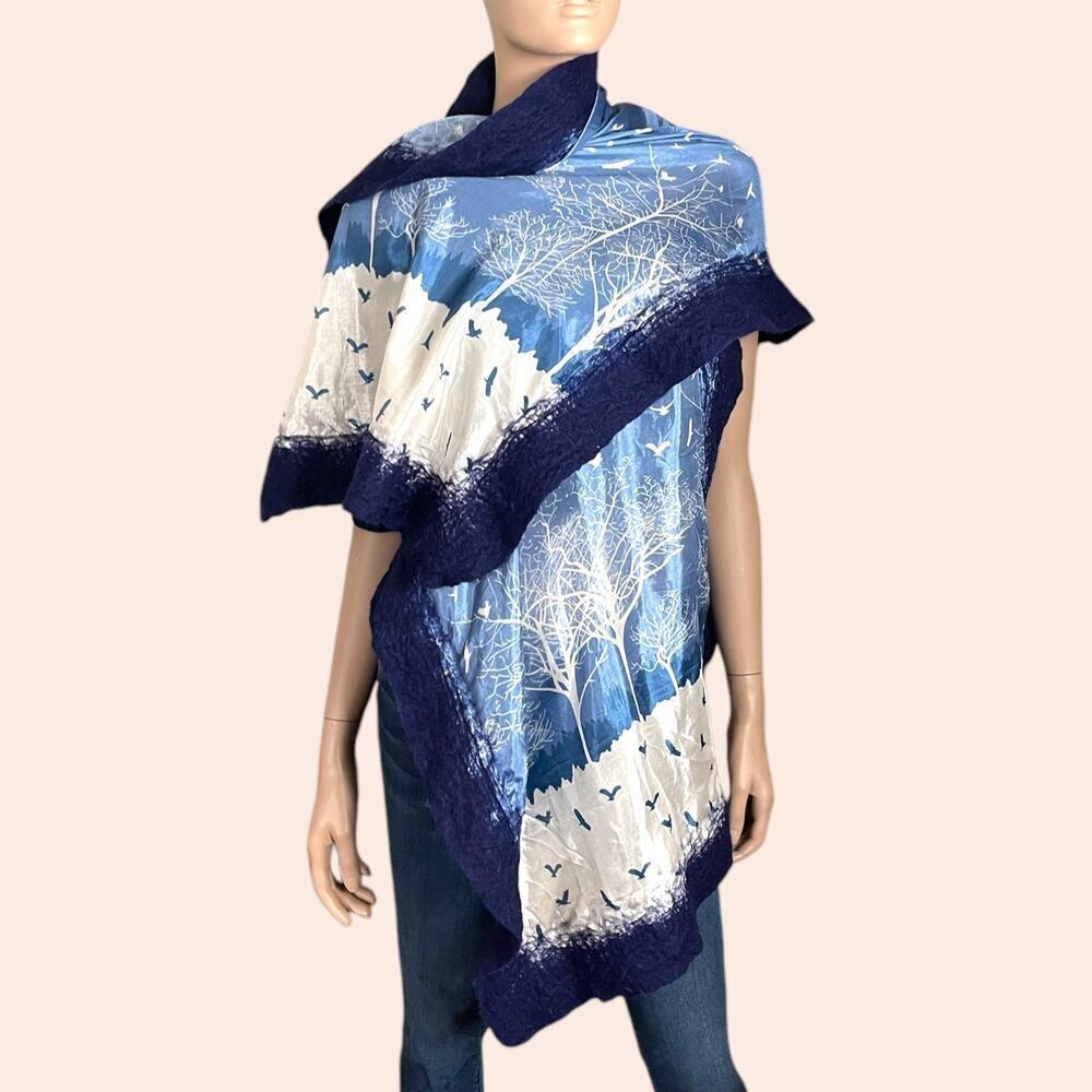 Wool Felted Scarf Birds Trees Blue White Artisan Handmade Rectangle